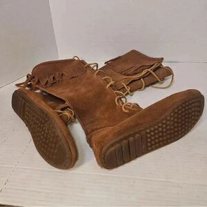 Minnetonka Brown Aztec Fringe Lace Up Boots Suede SZ 8